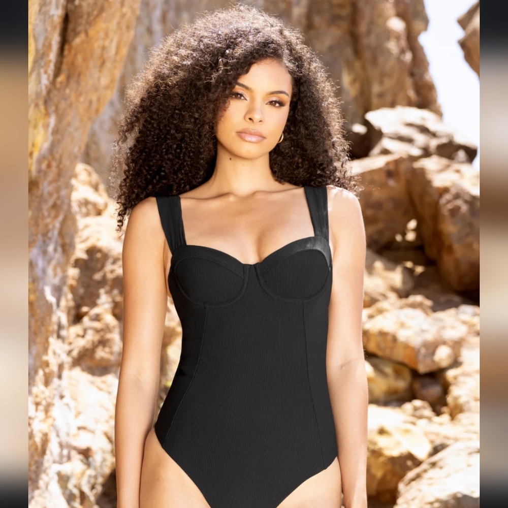 Popflex Boardwalk Bombshell One Piece-Black Ribbed- 3X - D/DD